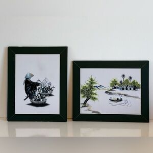 Vietnamese Hand Embroidered Silk Art Framed Still Life Landscape 9.5” X 7”